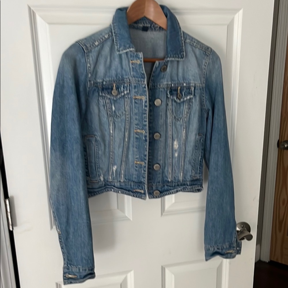 American Eagle Outfitters Blue distressed Cropped Jean denim Jacket Sz small